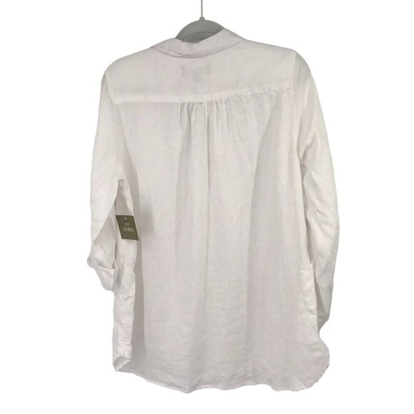 Jones & Co Womens White 100%  Linen  popover Top Size Large roll tab sleeve new - Picture 8 of 10